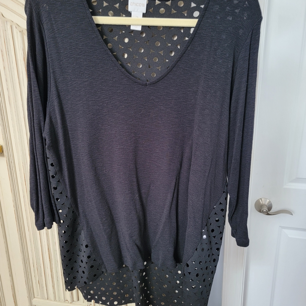 Chico's Black Laser-Cut Long Sleeve V-Neck Tunic